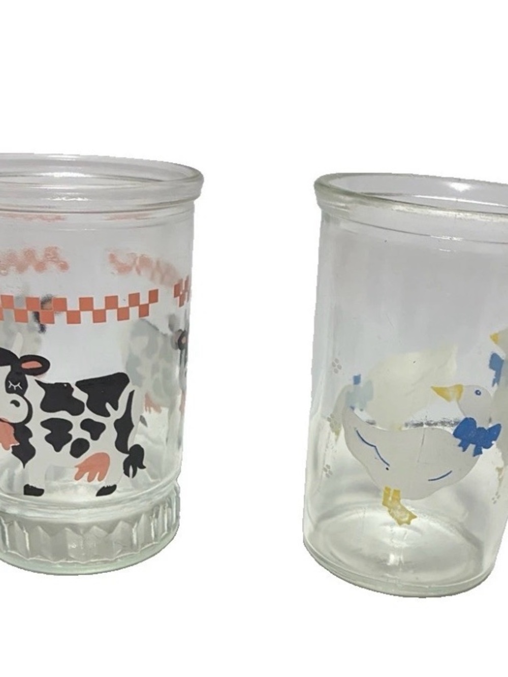 Set Of Two Vintage BAMA Jelly Jars w/White Ducks/ w/ Cows Pink Check Glasses 4"